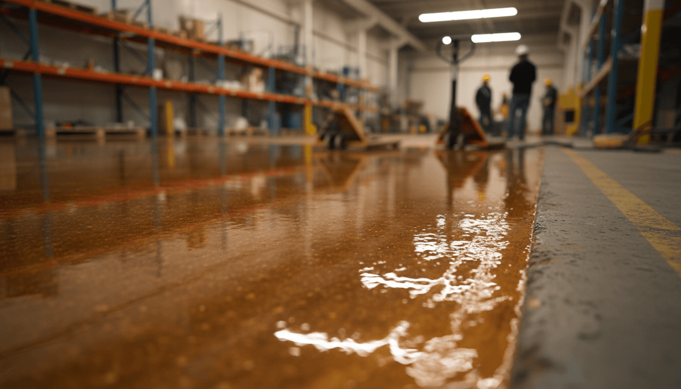 Freshly applied epoxy coating on industrial floor with glossy finish and reflective surface