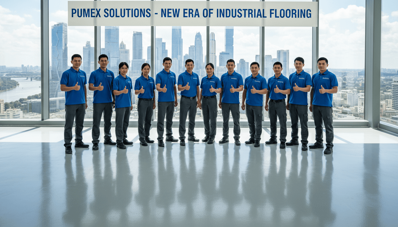 Pumex Solutions team standing in front of newly installed industrial flooring system.