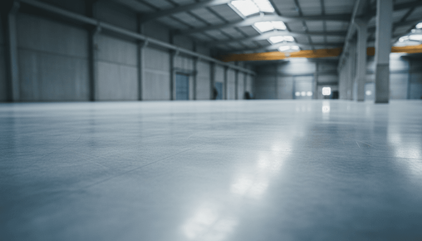 A well-finished industrial concrete floor with a smooth, reflective surface under bright natural light