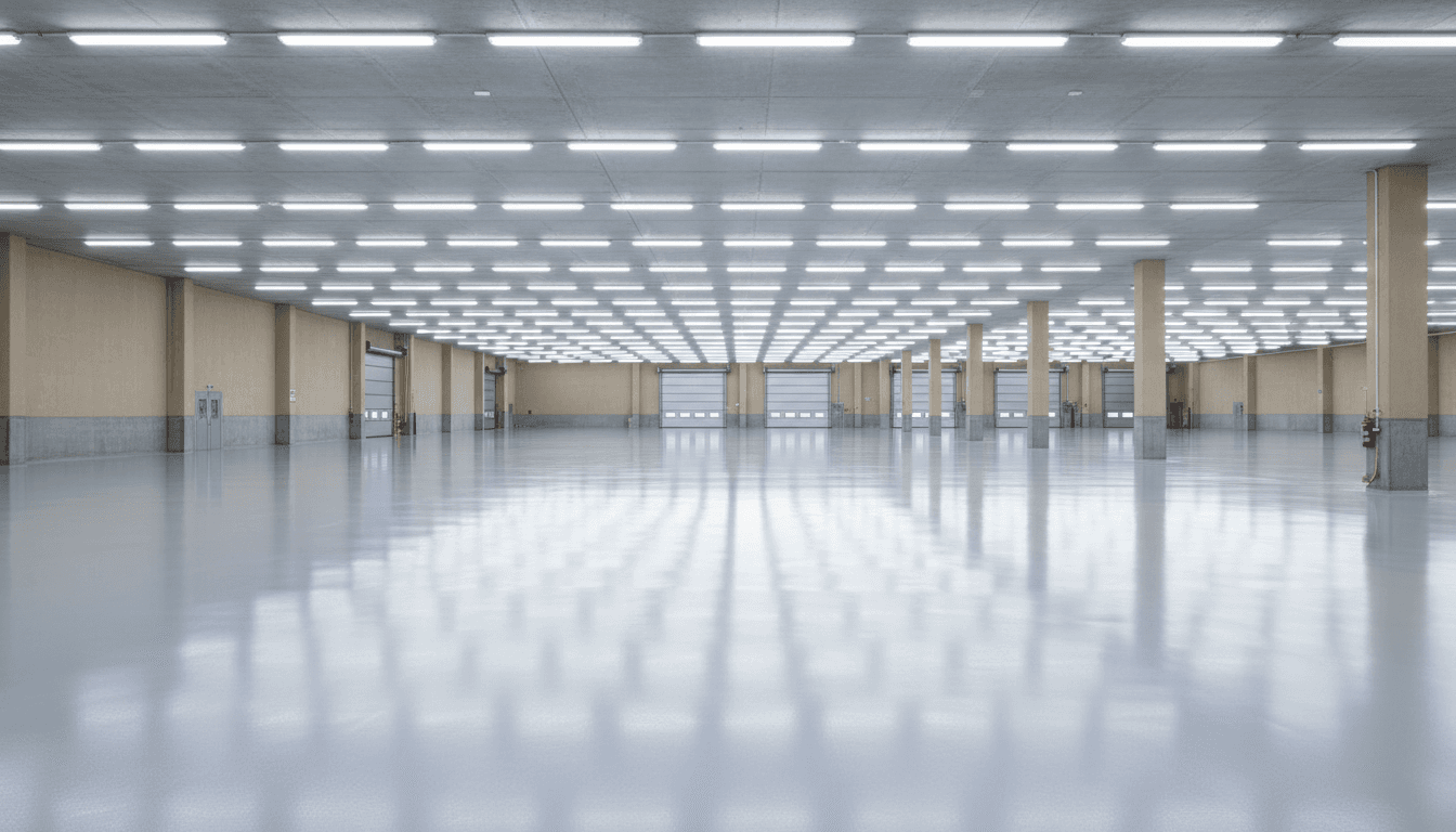 Durably finished industrial floor with high-performance PU coating in a modern warehouse setting