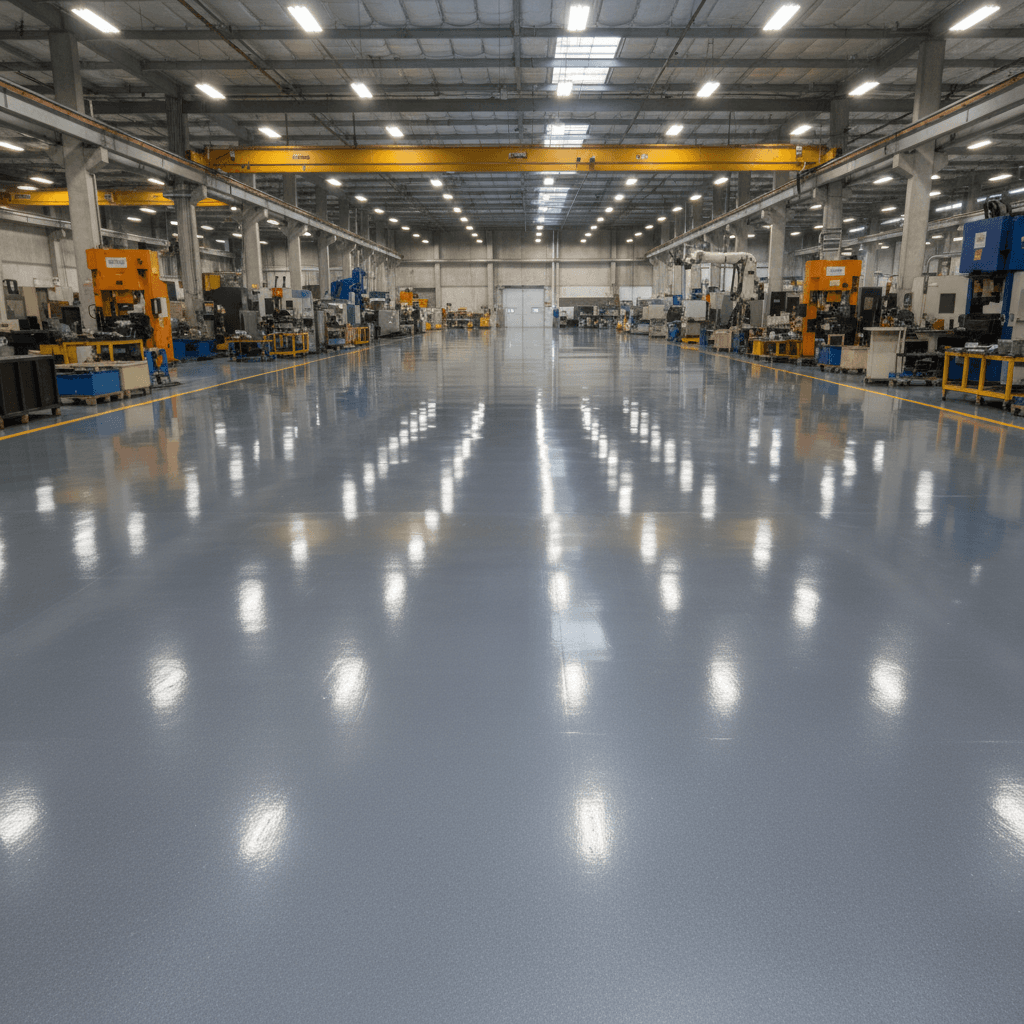 High-gloss industrial epoxy flooring in manufacturing facility