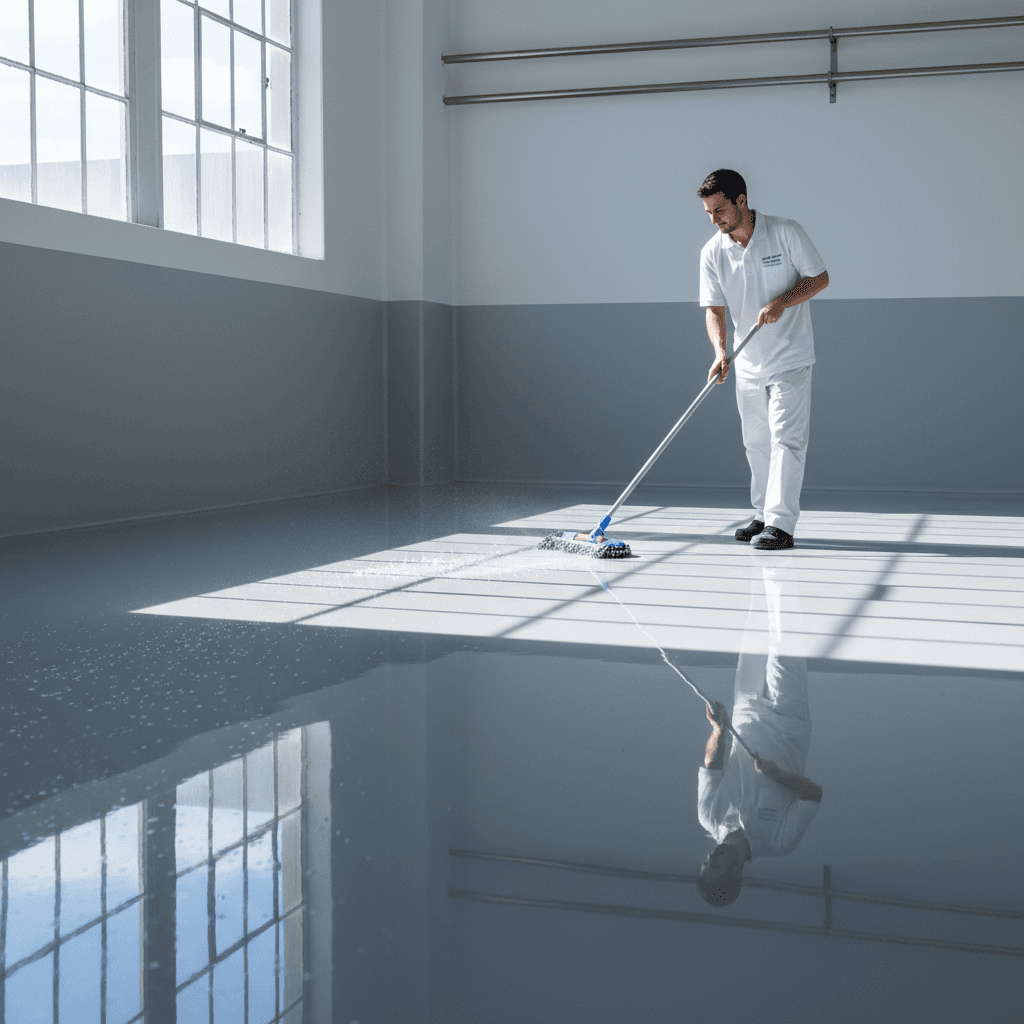 Worker cleaning epoxy floor with minimal effort and water