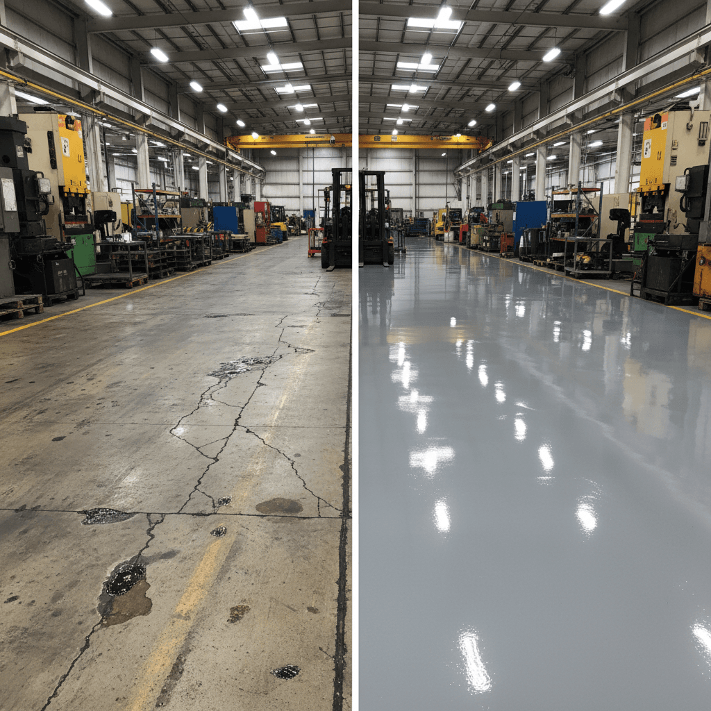 Contrast between worn concrete and fresh epoxy coating