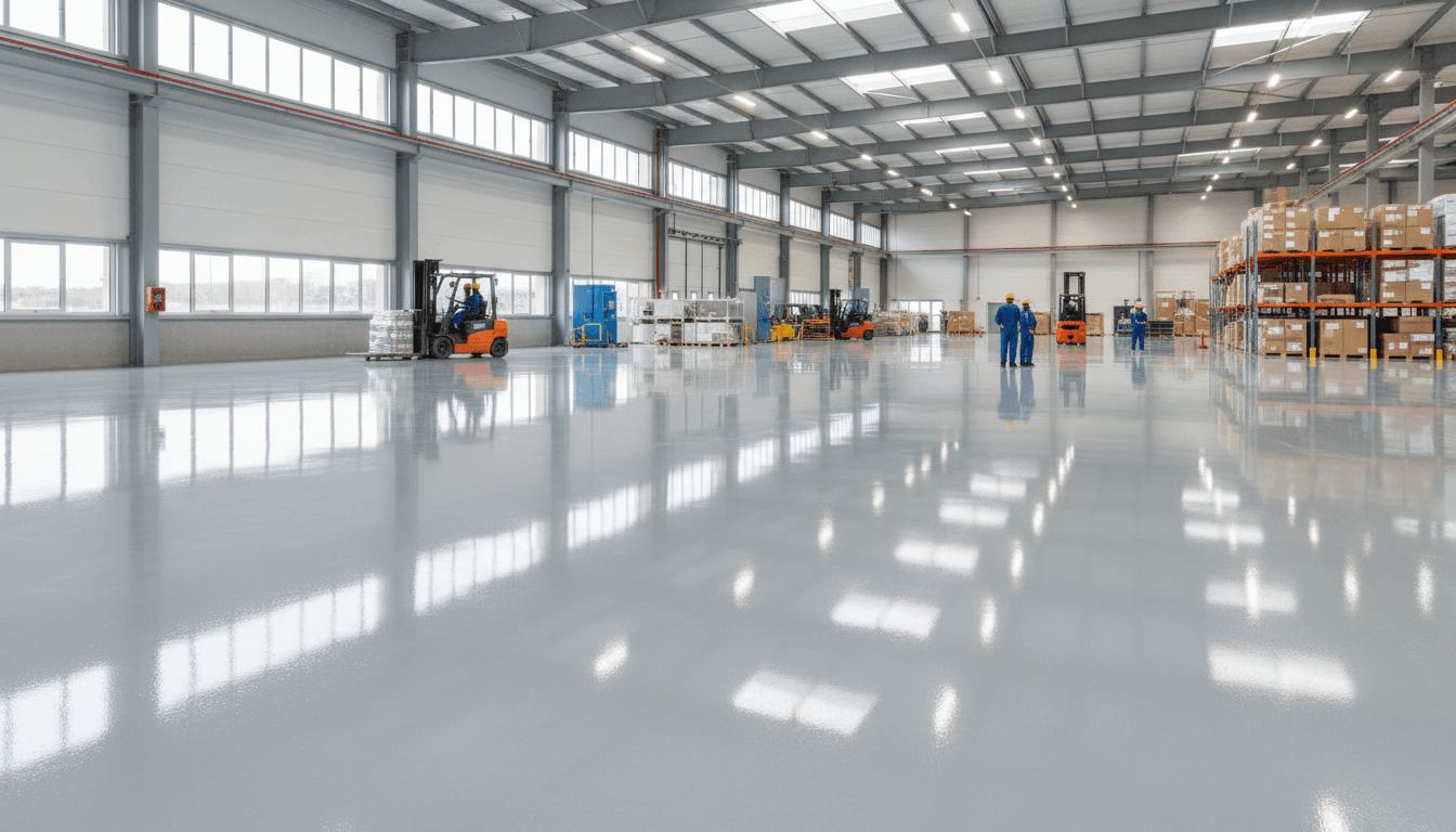 Modern warehouse floor with new industrial flooring and workers in background.