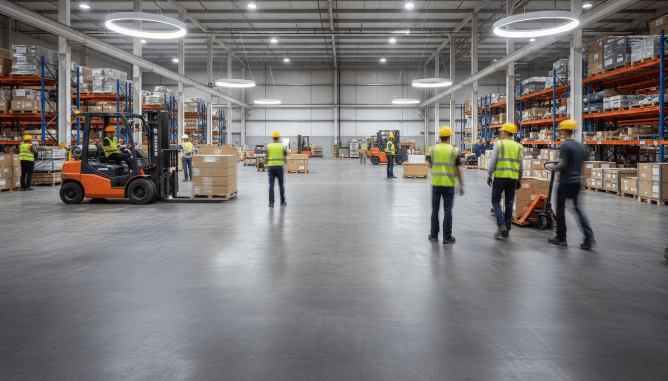 Active warehouse floor showing durability under heavy daily traffic