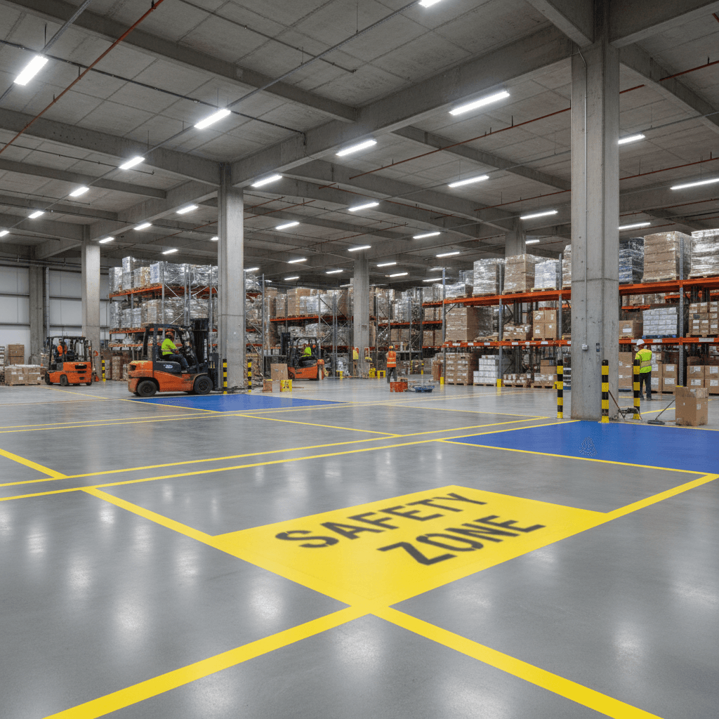 Warehouse flooring installation with operational equipment