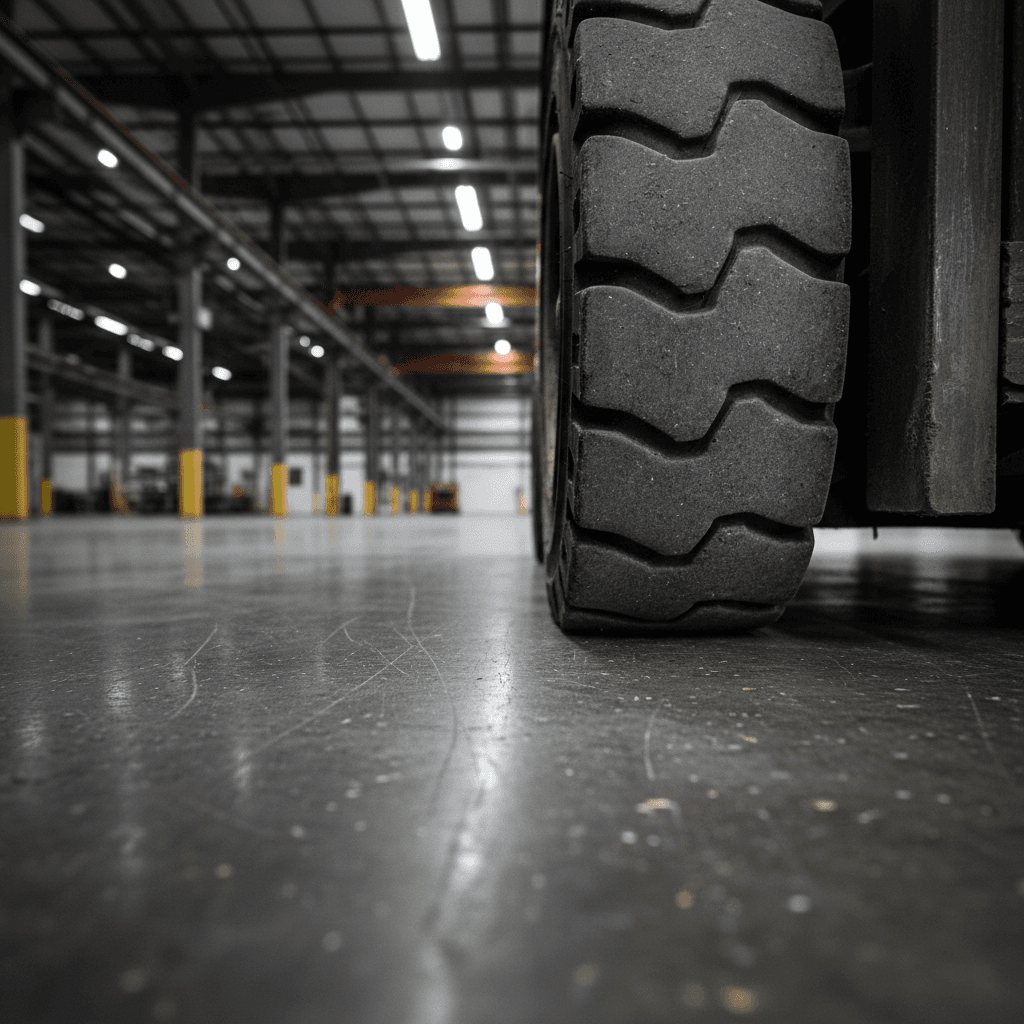 Forklift wheel on industrial flooring surface