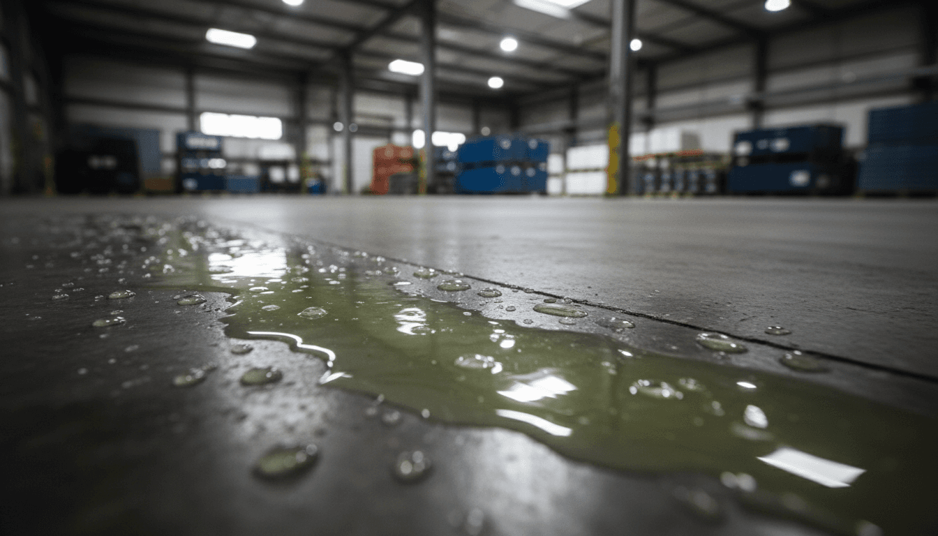 Chemical spill beading on treated industrial floor surface