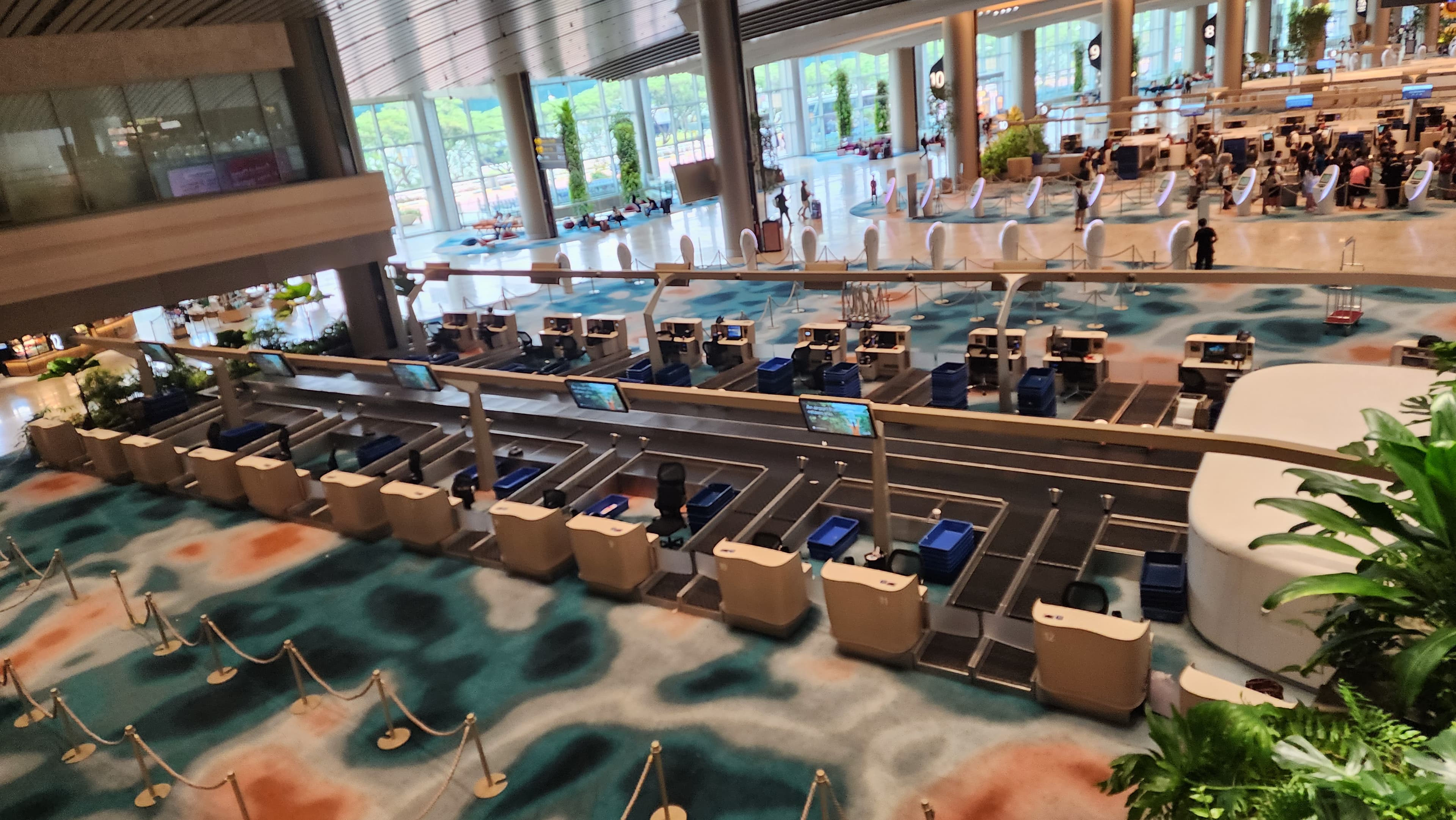 Elevated view of airport check-in desks with conveyor belts on a vibrant, swirling patterned carpet.
