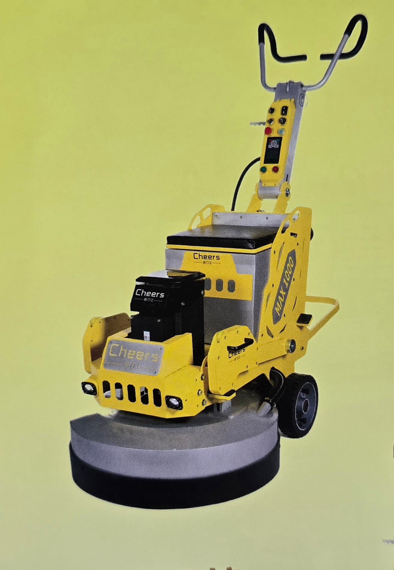 Yellow and silver Cheers MAX 1000 industrial floor grinder with a large circular base.