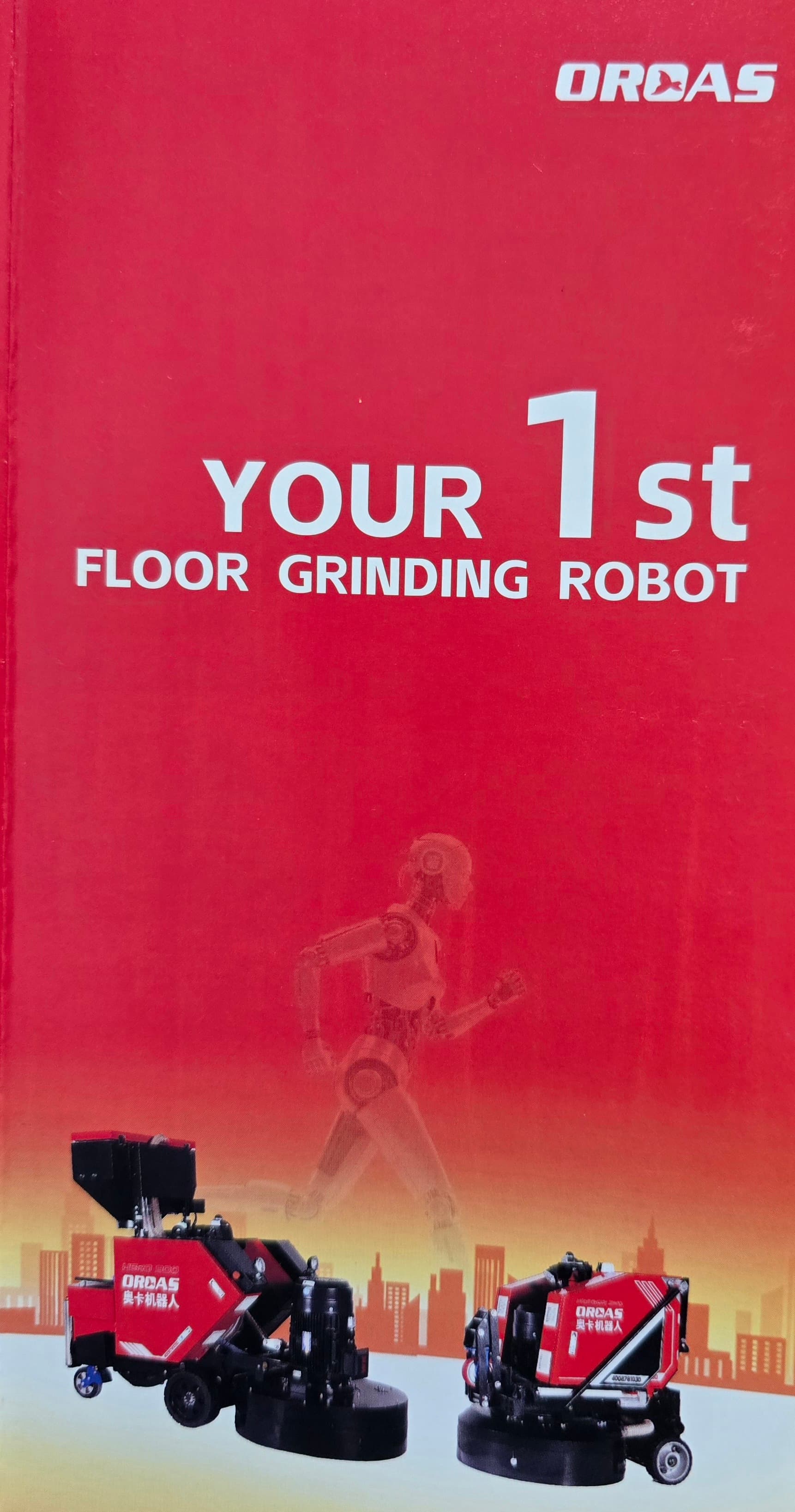 Red Orcas brochure for floor grinding robots featuring two machines and a faint humanoid silhouette.