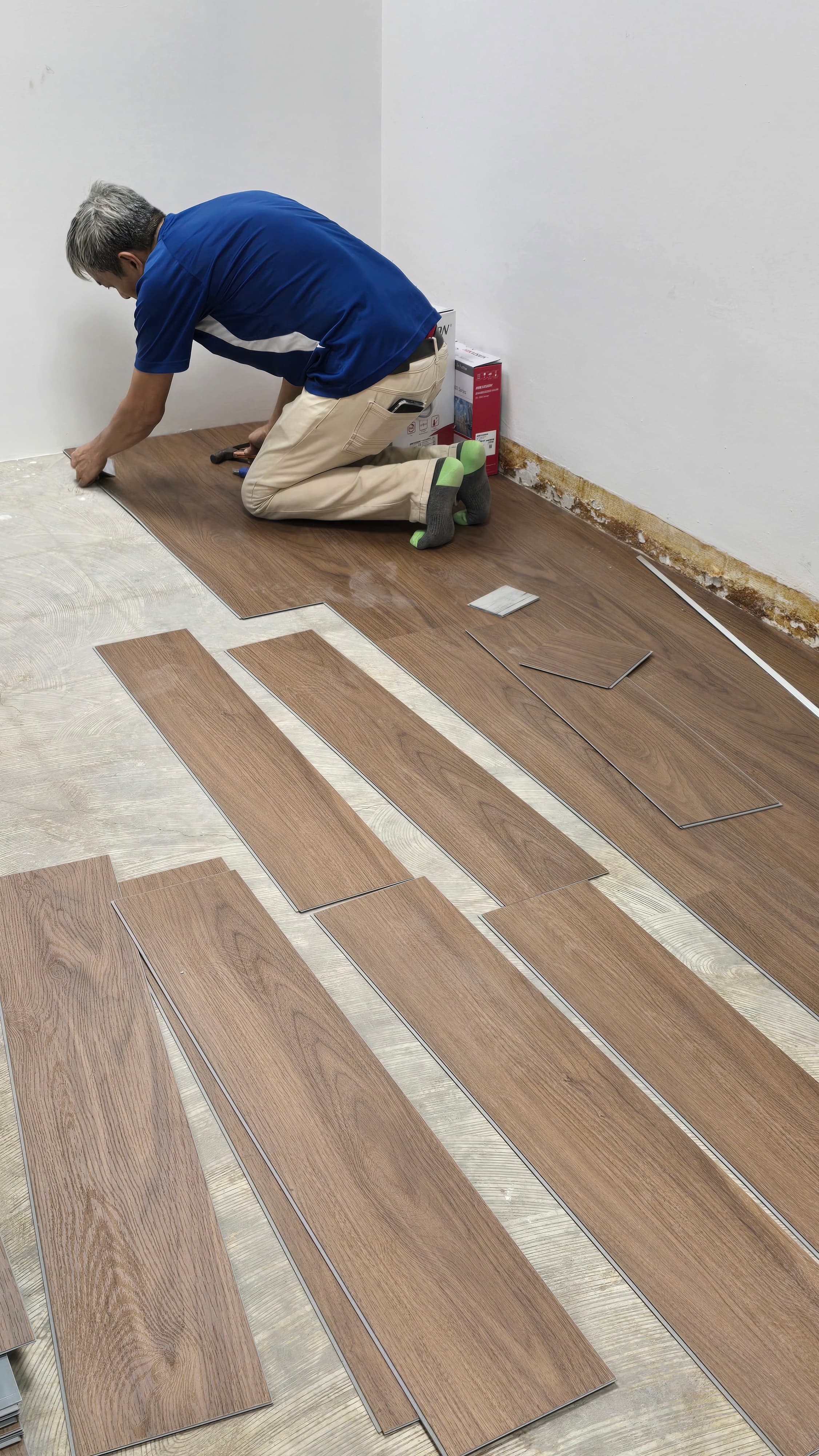 A man installs brown wood-look vinyl flooring planks on a subfloor in a white room.