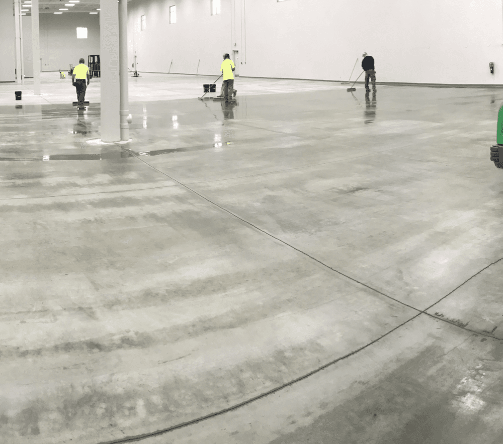 Workers in safety vests cleaning a large, polished concrete floor in a bright warehouse.