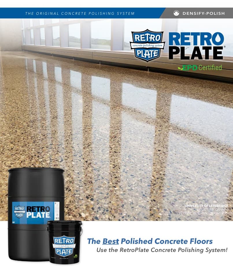 Reflective aggregate concrete floor with high gloss finish, featuring RetroPlate polishing system product containers.