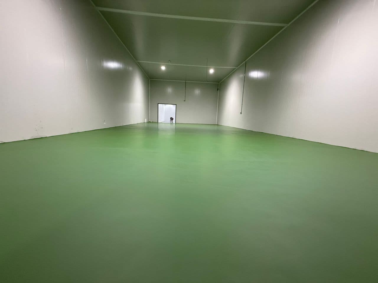 Empty industrial space with a vibrant green floor, white paneled walls, and a distant doorway.