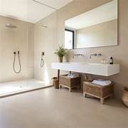 Modern minimalist bathroom featuring a glass shower, floating white vanity, and large rectangular mirror.