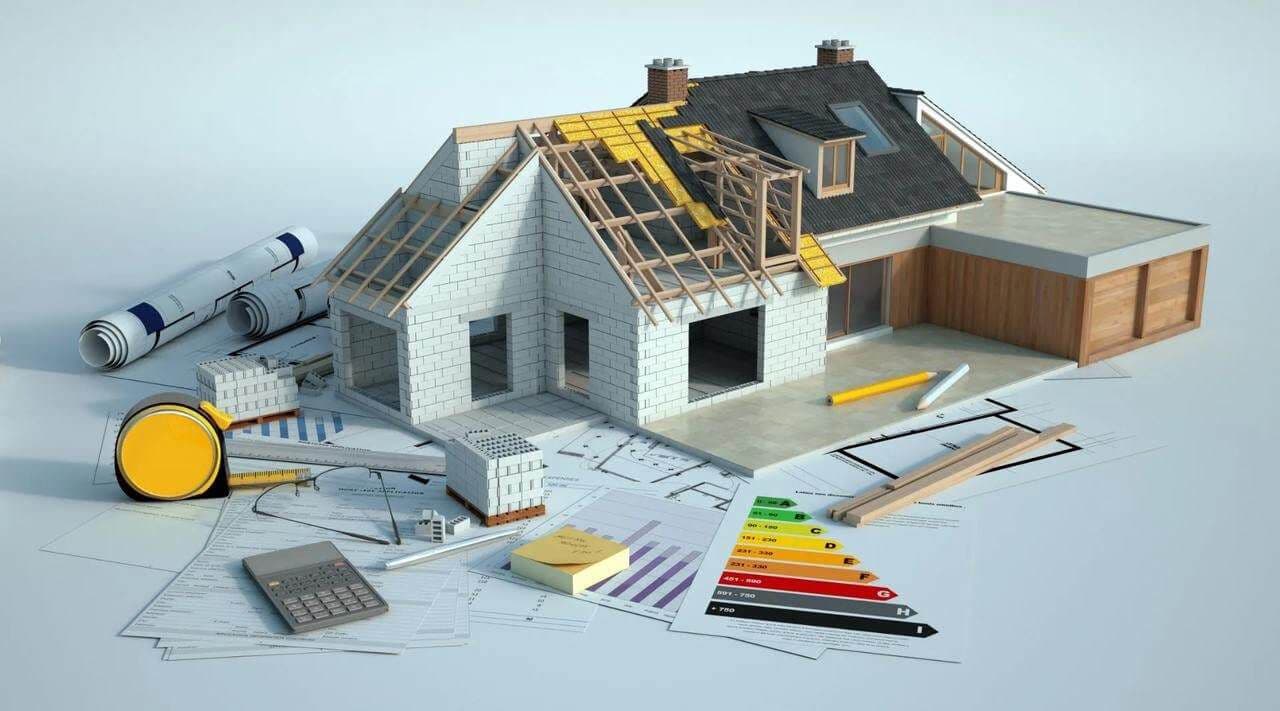3D house model under construction on blueprints with tools, a calculator, and energy efficiency charts.