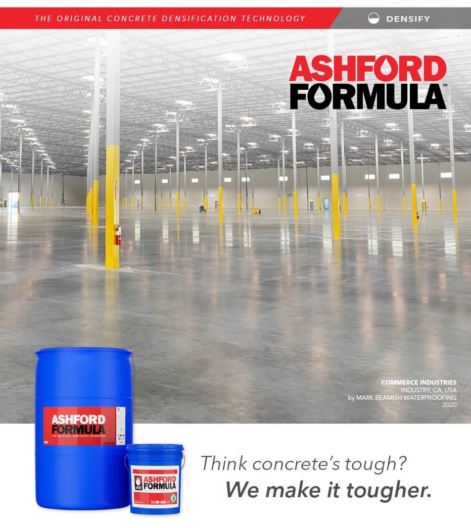 Large warehouse with polished concrete floors and Ashford Formula densifier product drums in foreground.
