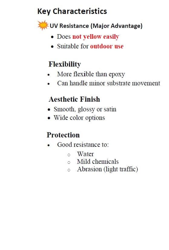 Key characteristics: UV resistance, flexibility, aesthetic finish, and protection against water, chemicals, and abrasion.