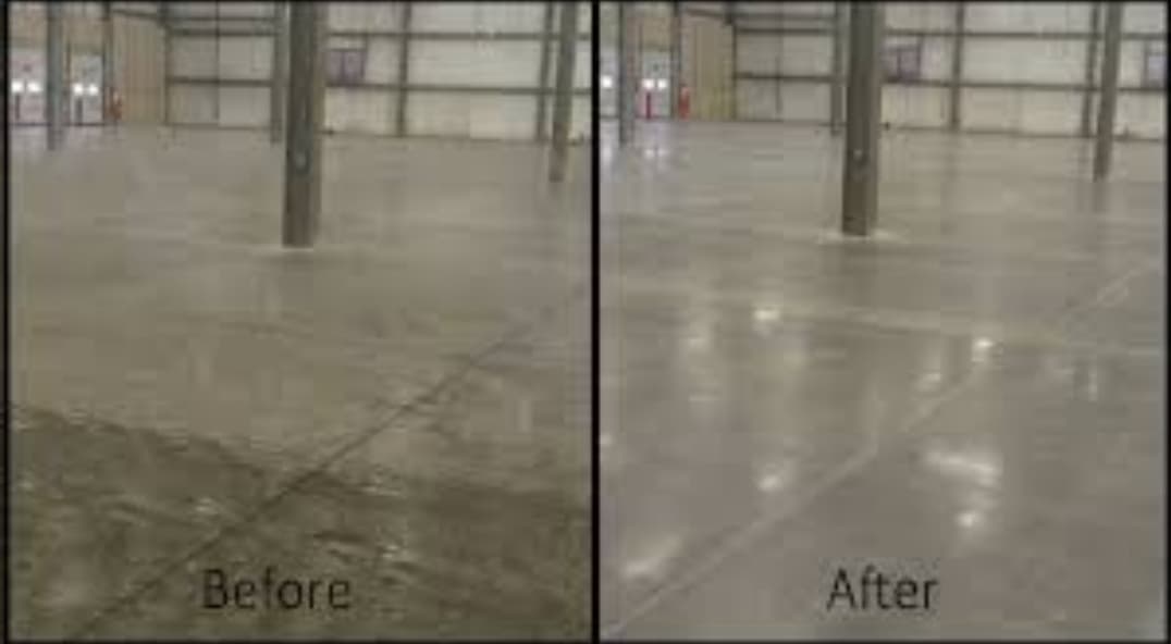 Side-by-side comparison showing a dull warehouse floor transformed into a polished, highly reflective concrete surface.