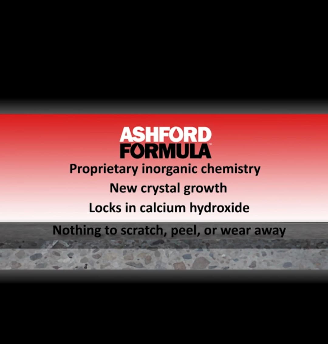 Ashford Formula advertisement highlighting proprietary inorganic chemistry, crystal growth, and durable, long-lasting concrete protection.