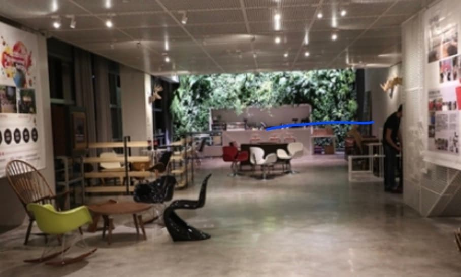 Modern cafe interior featuring eclectic designer chairs and a coffee bar with a green wall.