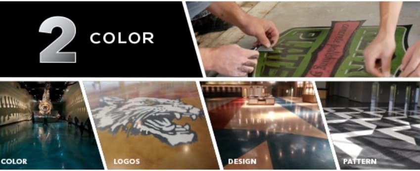 Collage showcasing decorative concrete flooring options including custom colors, logos, geometric designs, and patterns.