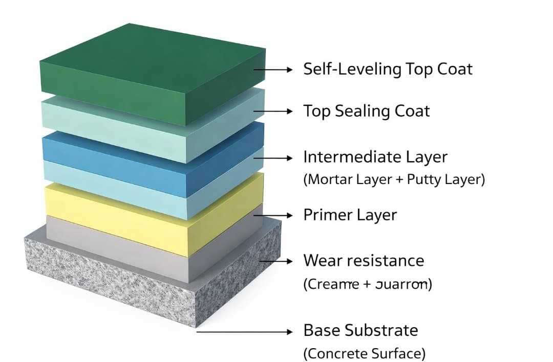 Cross-section diagram of floor coating layers from concrete substrate to self-leveling top coat.