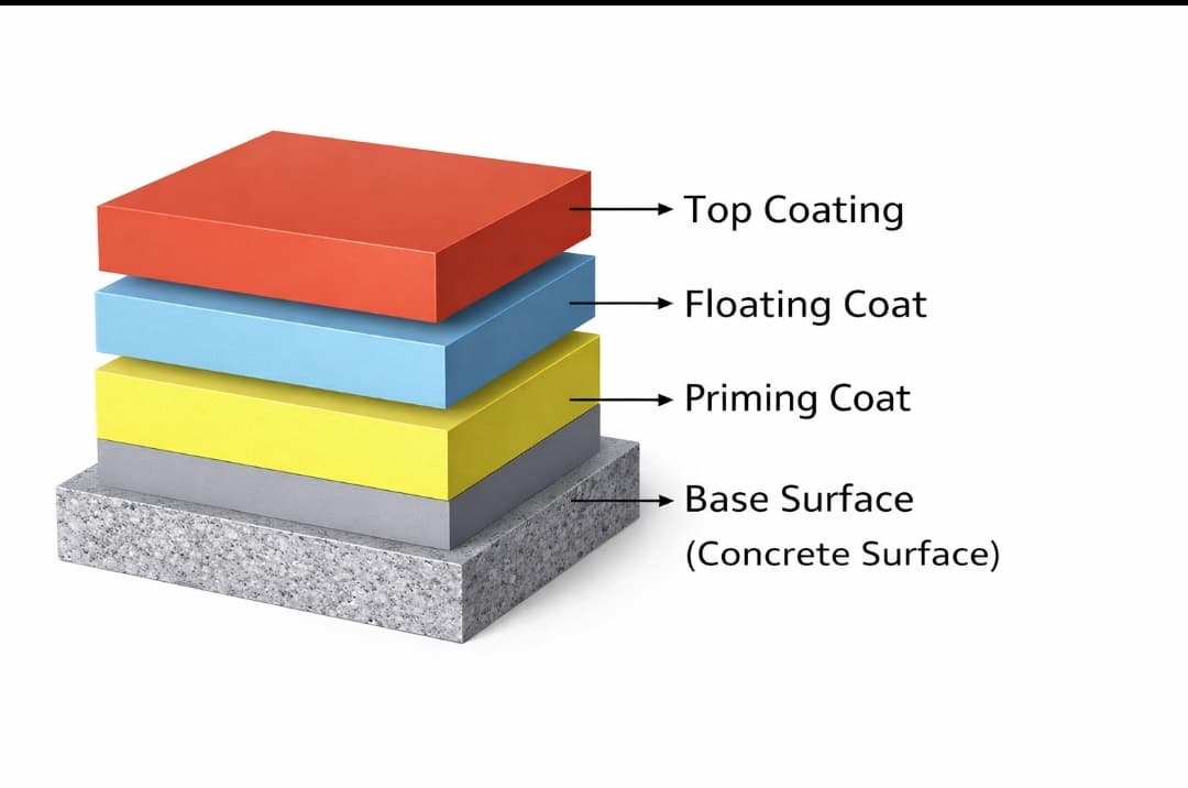 Diagram showing layers of concrete coating: base surface, priming coat, floating coat, and top coating.