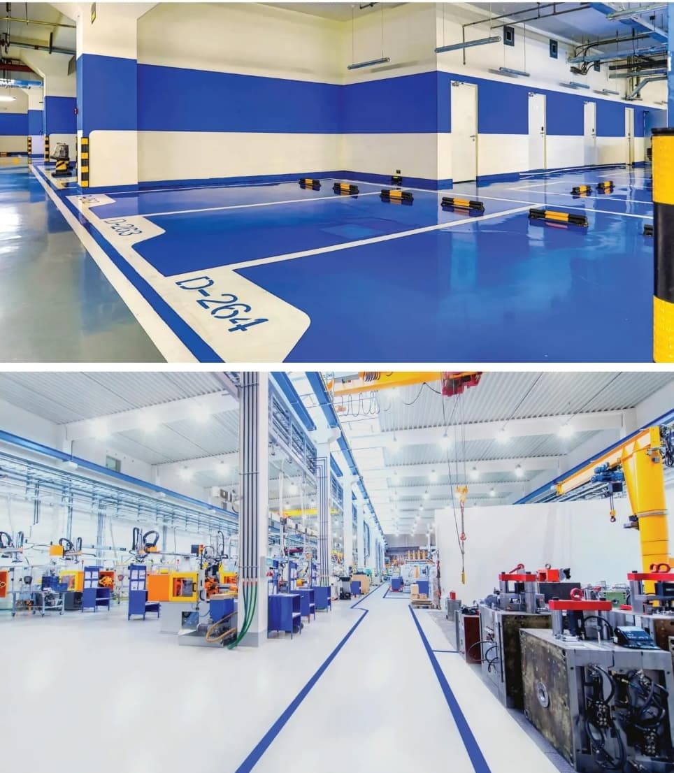 Blue and white parking garage and a clean industrial manufacturing facility with heavy machinery.