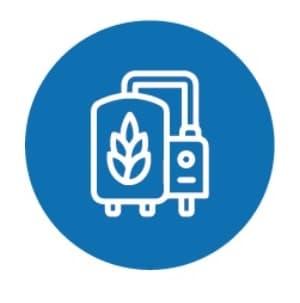 White brewery tank icon with a wheat symbol inside a solid blue circle.