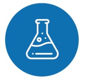 White outline of a bubbling Erlenmeyer flask centered on a solid blue circular background.