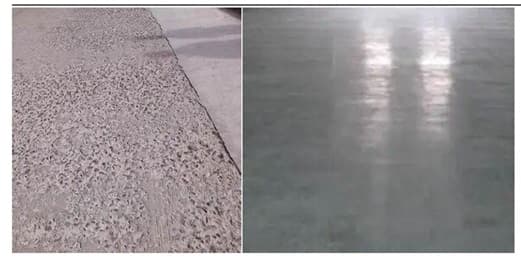 Comparison of a rough, pitted concrete floor and a smooth, polished, reflective surface.