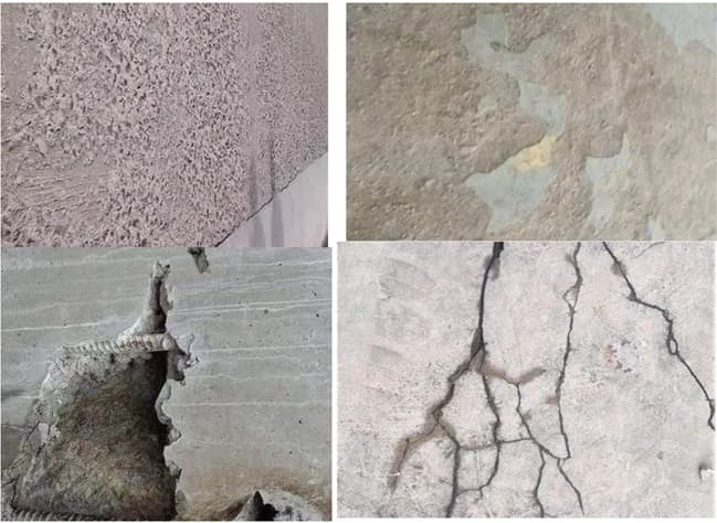 Four images displaying different forms of concrete deterioration, including cracks, spalling, and structural breakage.