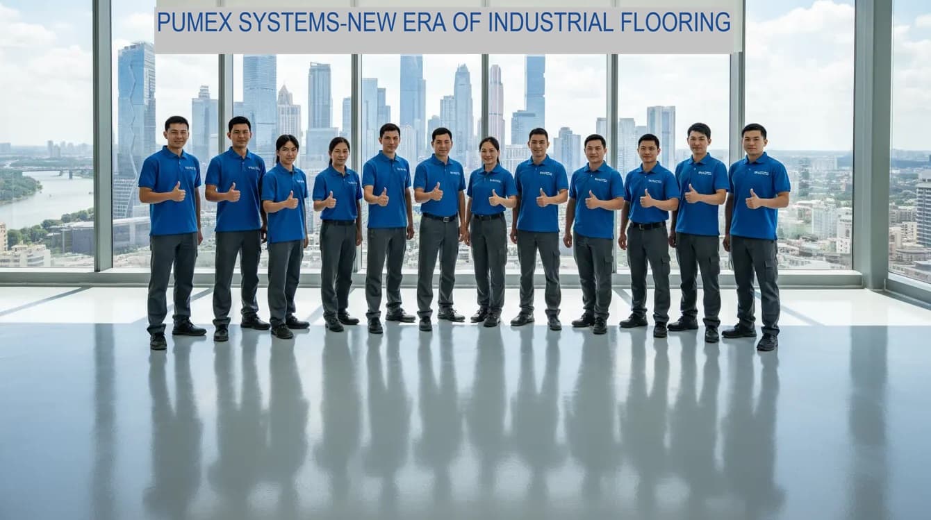 Pumex Systems team giving thumbs up on a reflective industrial floor with a city backdrop.