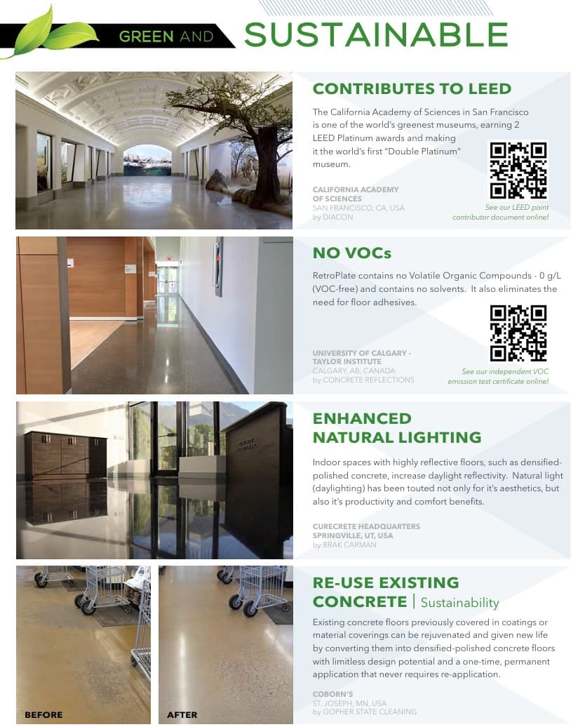 Flyer highlighting sustainable benefits of polished concrete floors, including LEED contribution and natural lighting.