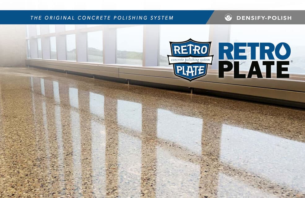 Highly polished concrete floor reflecting large windows with RetroPlate logo and branding text overlays.