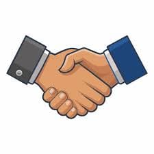 Cartoon illustration of two hands in business suit sleeves shaking hands against a white background.